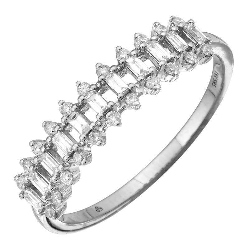 Elegant diamond baguette and marquise-cut ring in sleek white gold, perfect for any jewelry collection.