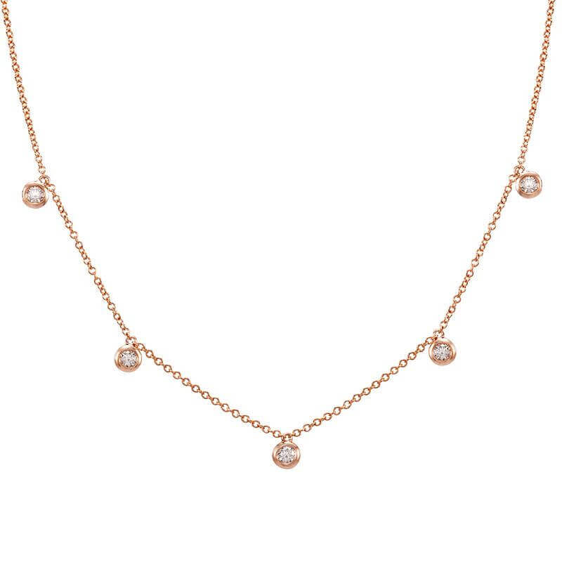 Elegant rose gold necklace with five delicate diamond pendants from our luxury jewelry collection