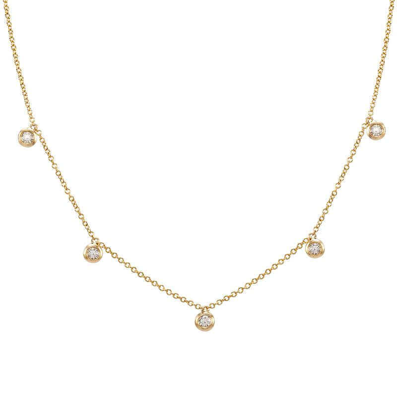 Elegant gold necklace with five diamond pendants from our premium jewelry collection. Perfect for adding a touch of luxury to any outfit.