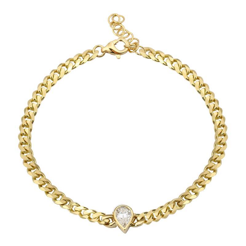 Gold chain bracelet with teardrop diamond pendant from our jewelry collection.