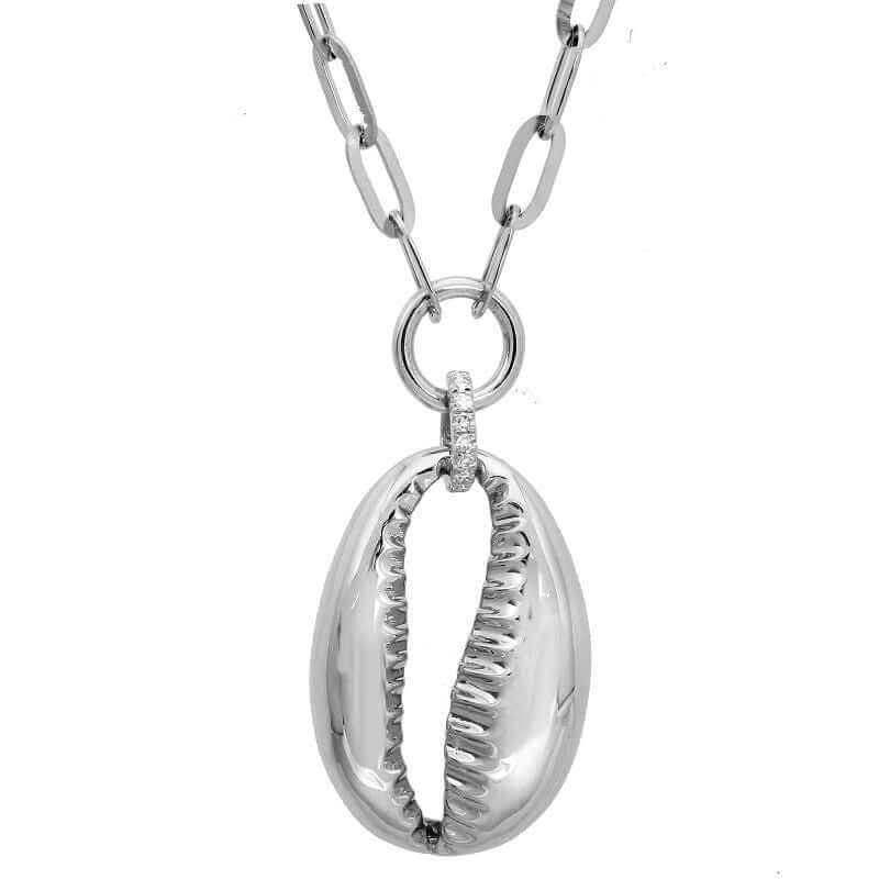Elegant silver cowrie shell pendant necklace with chain links, from our exclusive jewelry collection