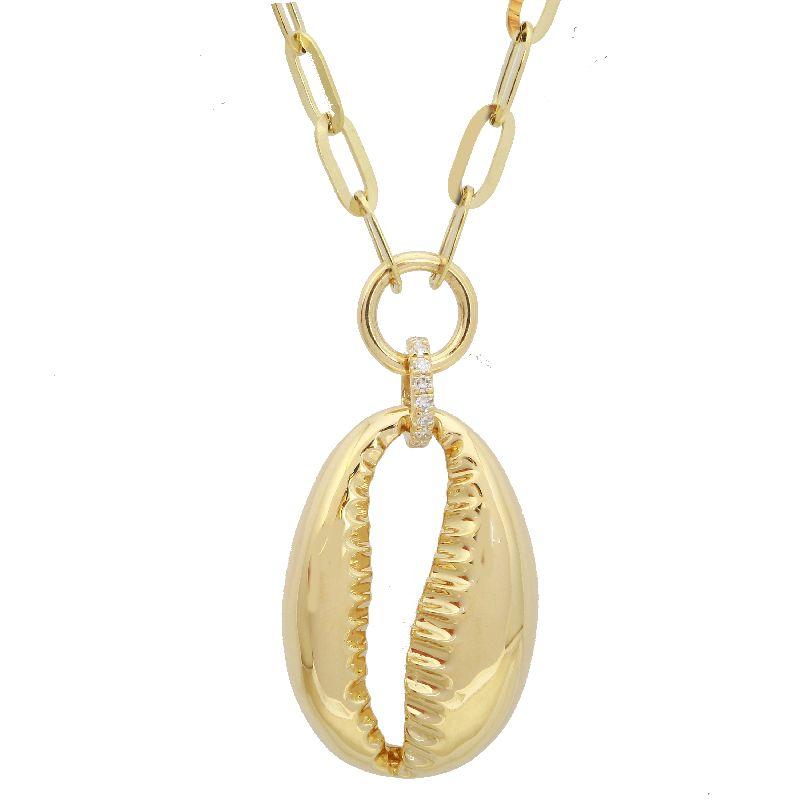 Elegant gold cowrie shell pendant on a link chain necklace from our luxury jewelry collection