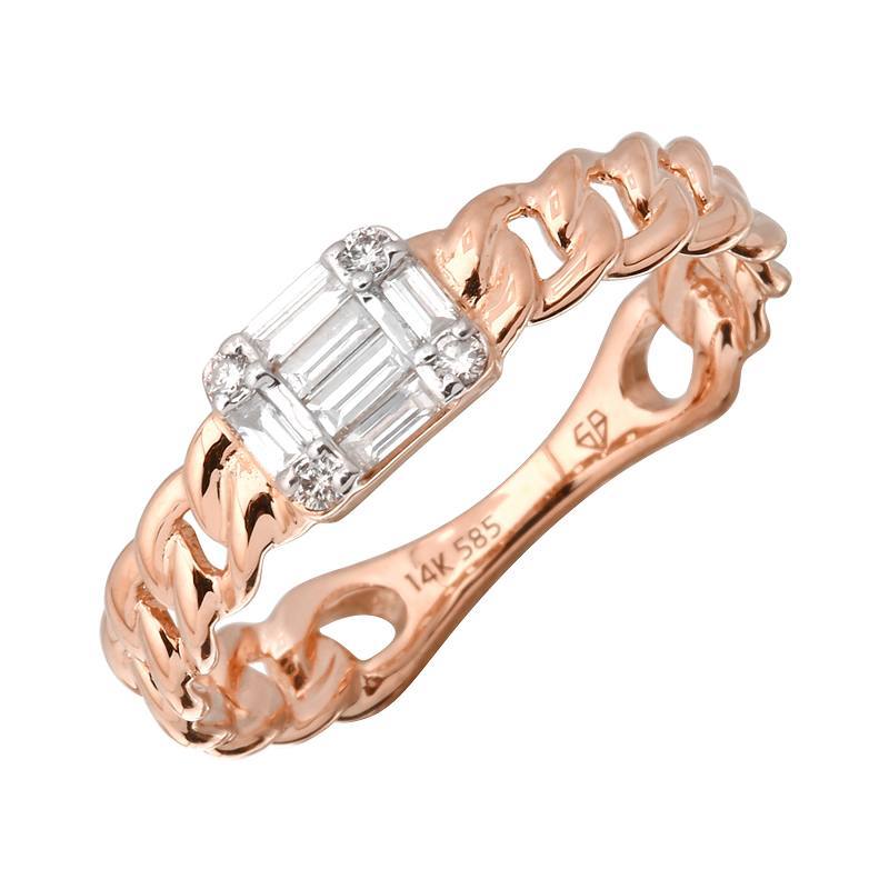 Rose gold 14K chain link ring with baguette diamonds from our luxury jewelry collection
