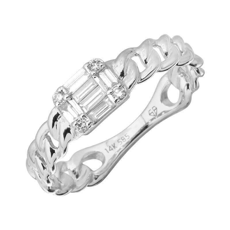 Elegant 14K white gold chain link ring with baguette diamonds, perfect for sophisticated jewelry lovers - Shop our exquisite collection now