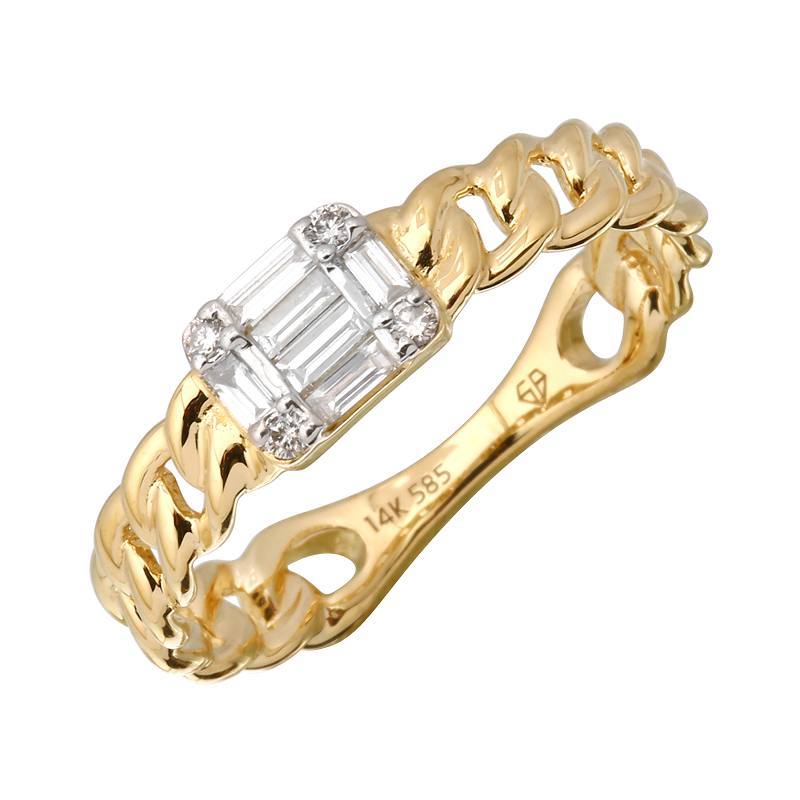 Elegant 14K gold chain ring with baguette and round diamond accents by our jewelry brand, perfect for adding a touch of luxury.