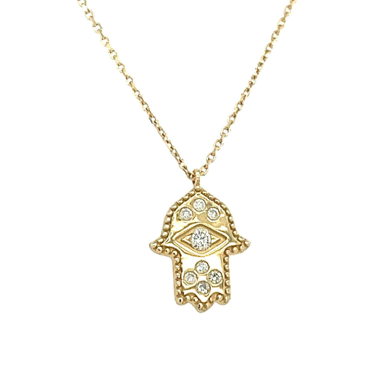 Gold Hamsa pendant necklace adorned with sparkling diamonds, perfect for a touch of elegance from our exclusive jewelry collection