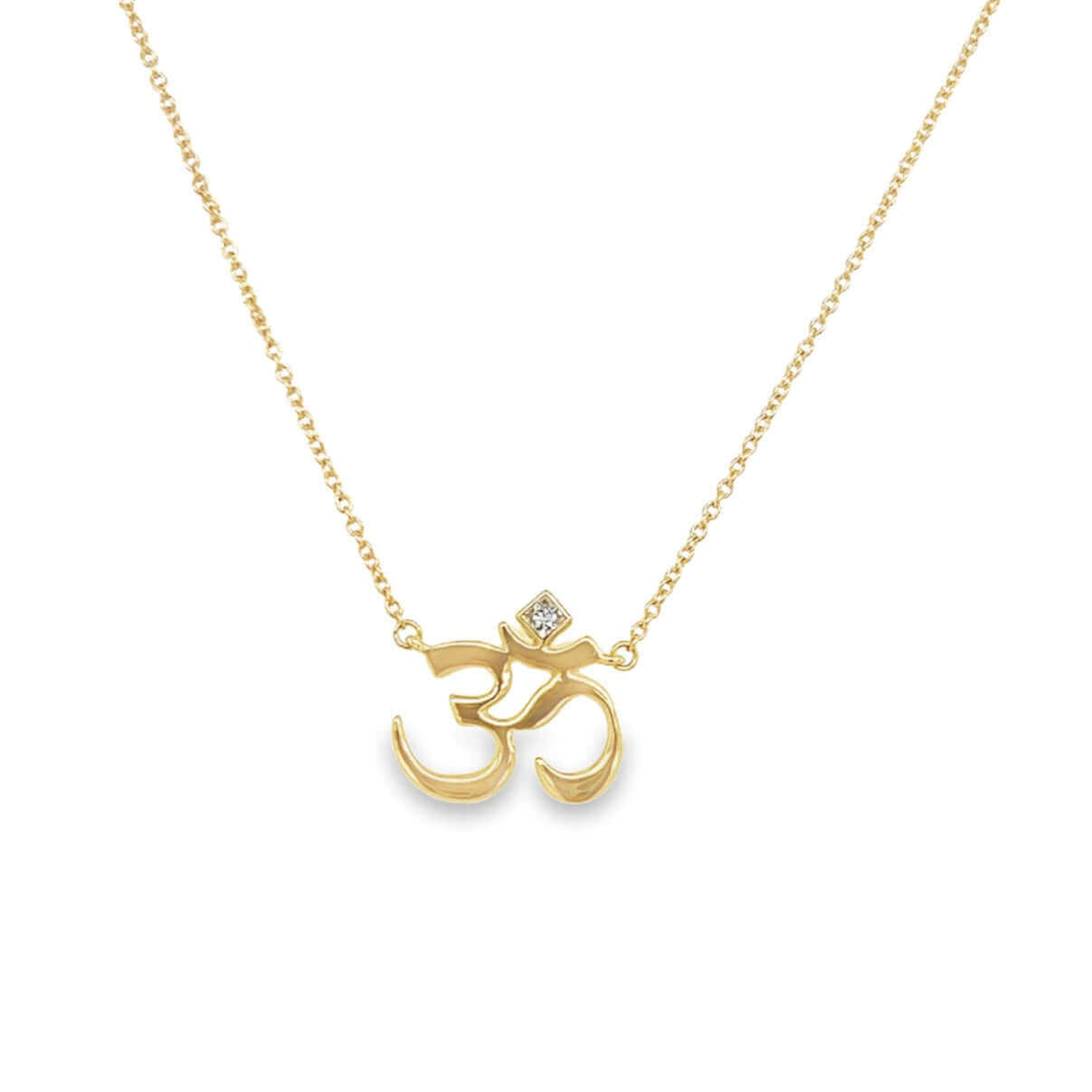 Diamond Accented Om Sanskrit Mantra Necklace in 14k gold with princess cut diamond accent by Izakov Fine Jewelry.