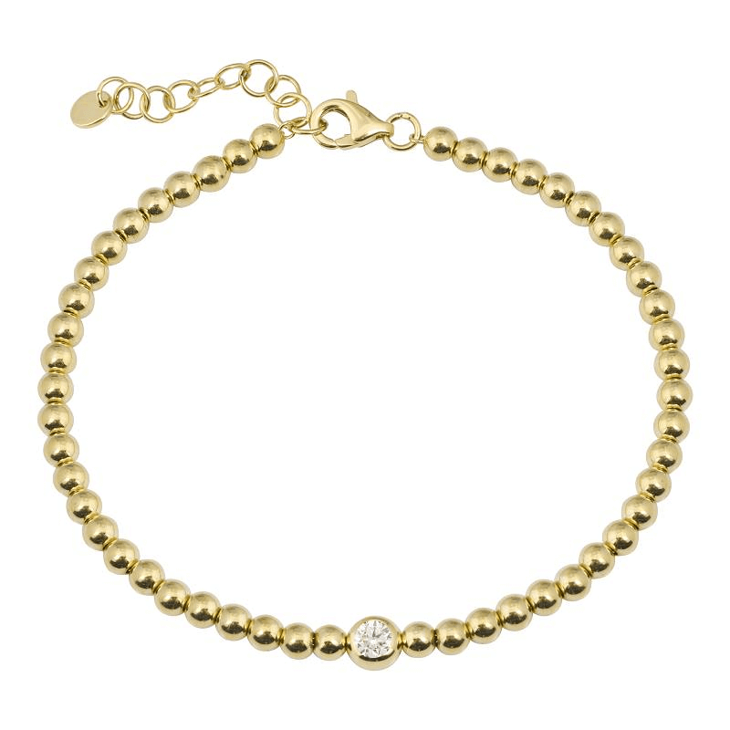 Elegant gold beaded bracelet with a single diamond, featuring an adjustable clasp, perfect for adding a touch of luxury to any outfit.