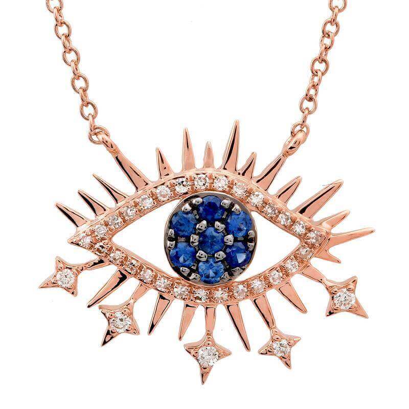 Rose gold necklace featuring an eye-shaped pendant with blue and white gemstones from our elegant jewelry collection.
