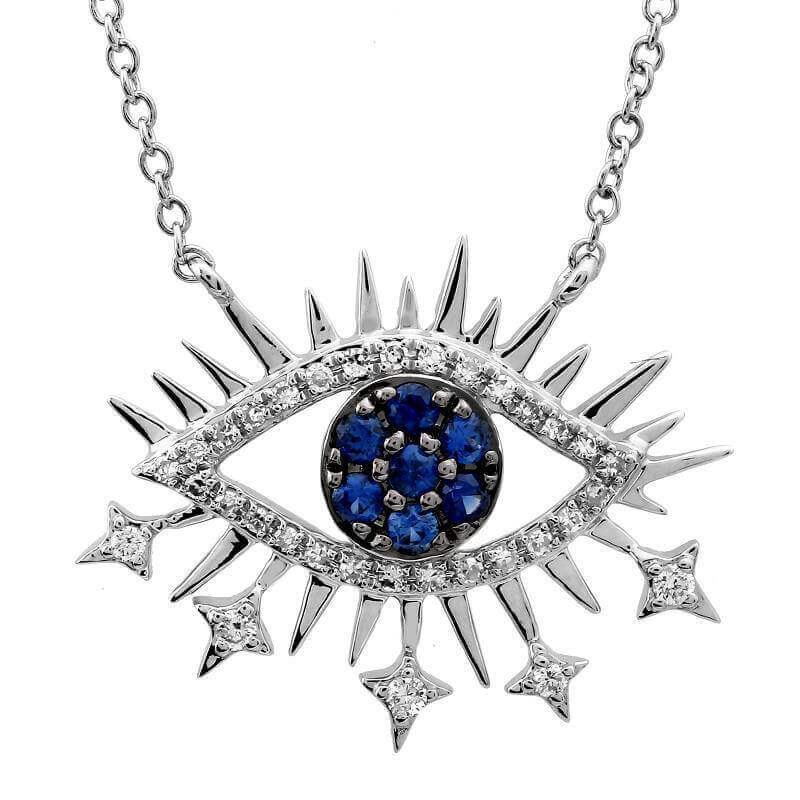 Silver eye-shaped pendant with blue and clear gemstones from our jewelry collection.