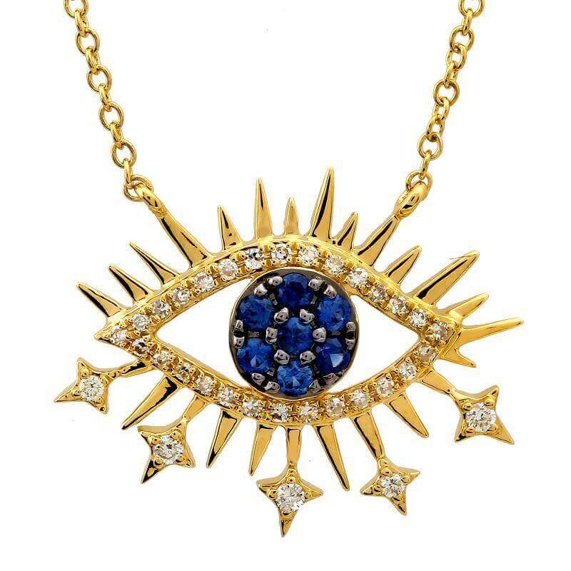 Gold evil eye necklace with blue and diamond accents from our luxury jewelry brand.