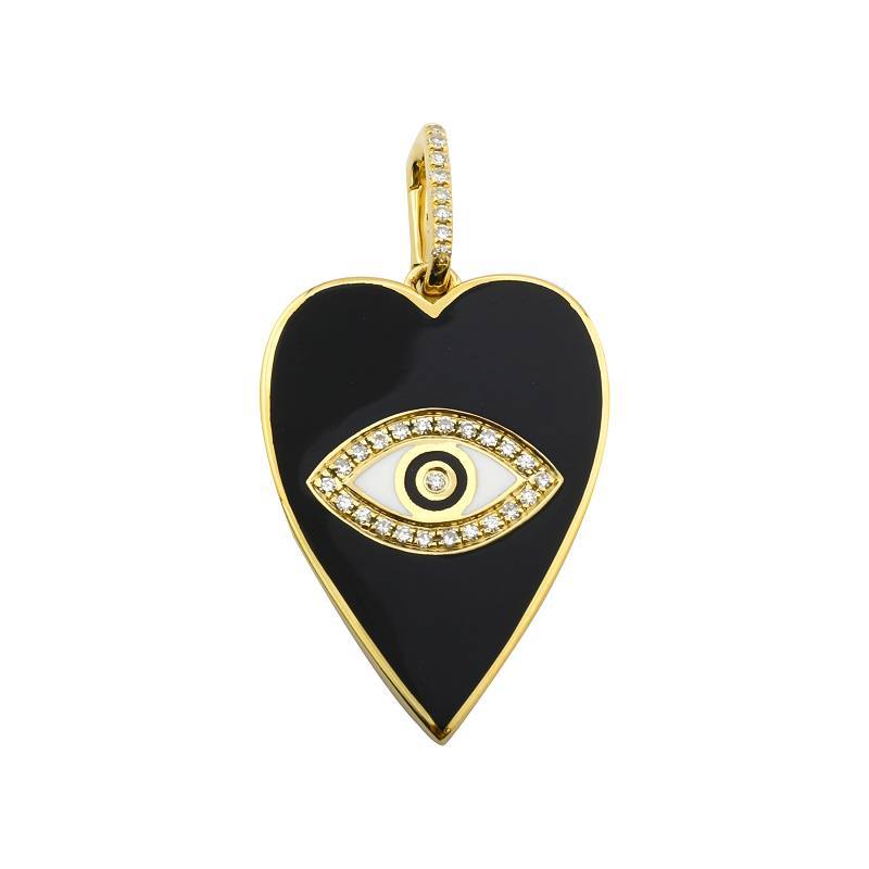 Black heart-shaped pendant with an eye design, surrounded by gold and diamonds, from our exclusive jewelry collection.