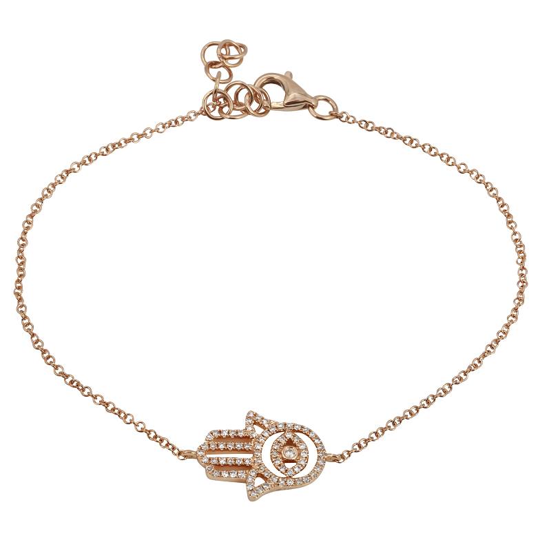 Rose gold Hamsa hand bracelet adorned with sparkling diamonds from our exclusive jewelry collection.