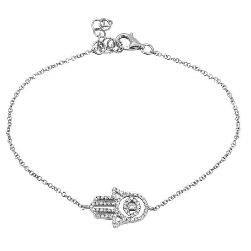 Elegant silver Hamsa hand bracelet adorned with sparkling crystals; a timeless piece from our jewelry collection.