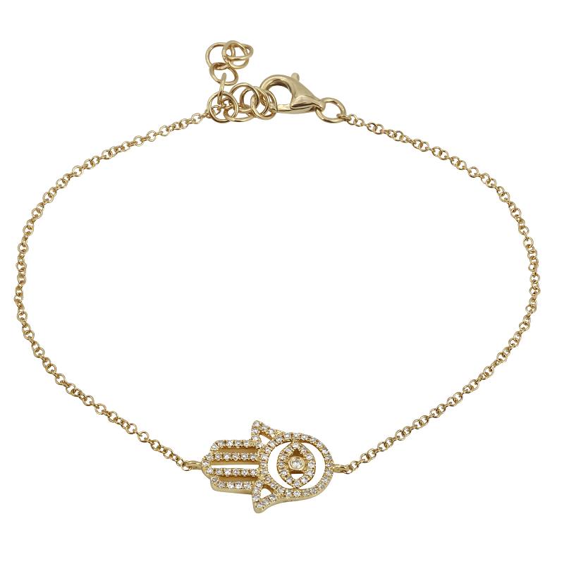 Delicate gold bracelet with hamsa hand charm adorned with sparkling diamonds from our jewelry collection.