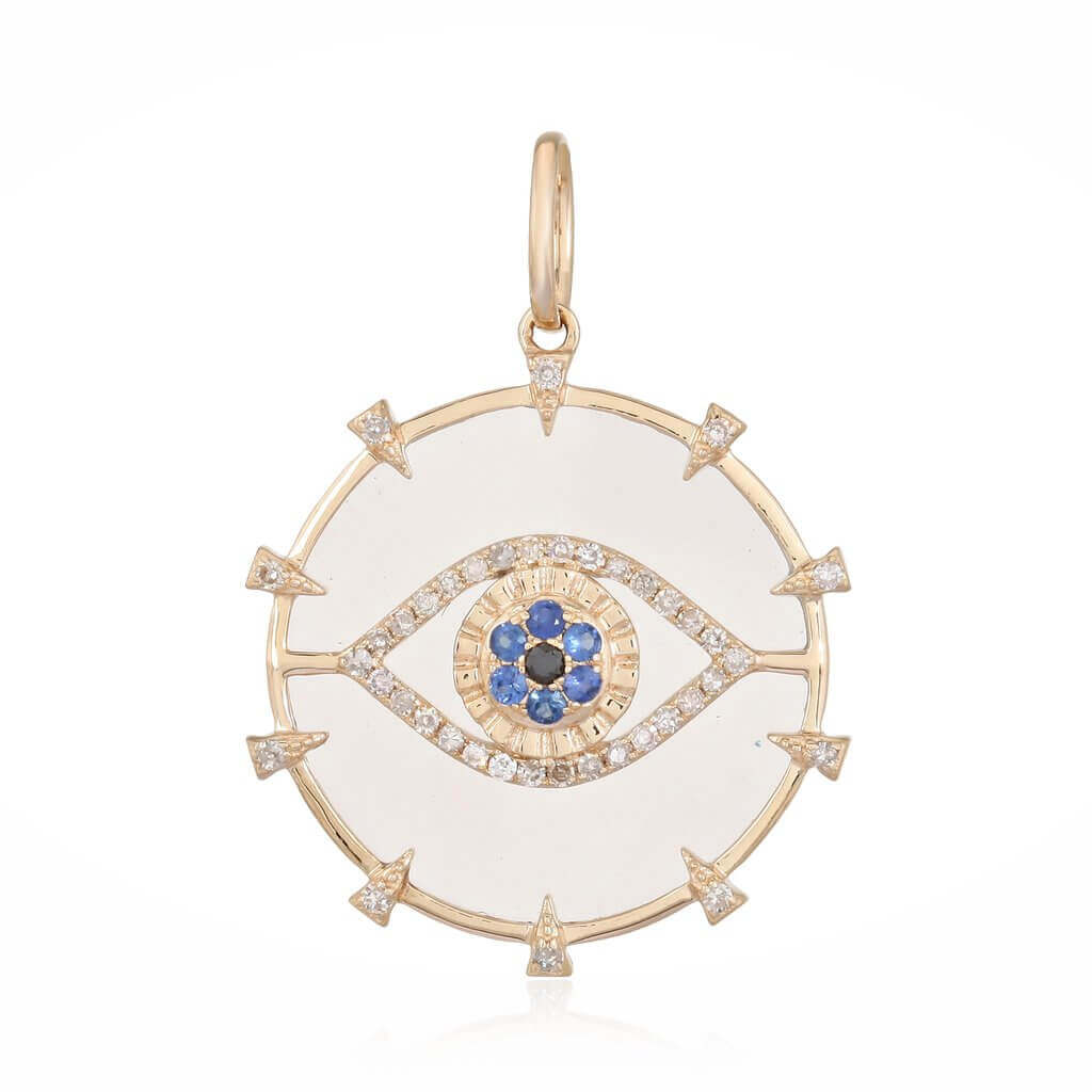 Eye-shaped gold pendant with sapphire and diamond accents from our exclusive jewelry collection.