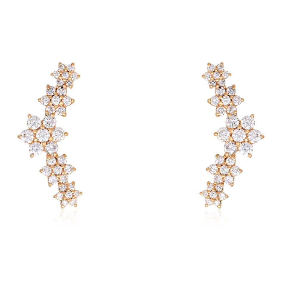 14K Gold Diamond Flowers Crawler Earring Pair / Yellow Gold Izakov Diamonds + Fine Jewelry