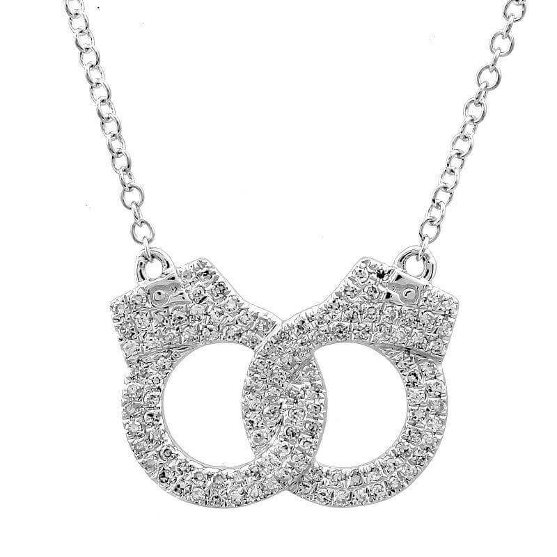 Silver necklace with intertwined handcuffs pendant, encrusted with sparkling diamonds, by our luxury jewelry brand.