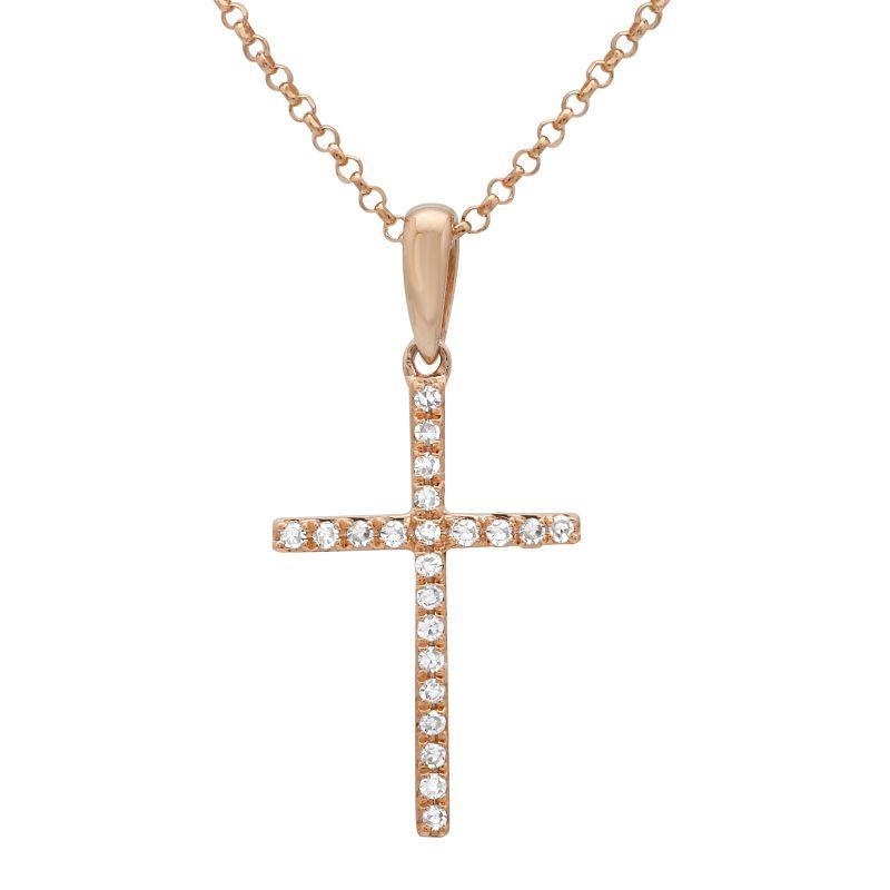 Elegant rose gold cross necklace adorned with sparkling diamonds showcases exquisite craftsmanship - perfect for any jewelry collection.