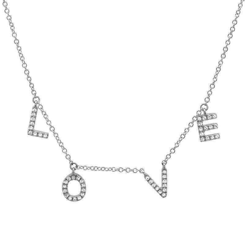 Elegant silver necklace with diamond-studded "LOVE" letters from our premium jewelry collection.