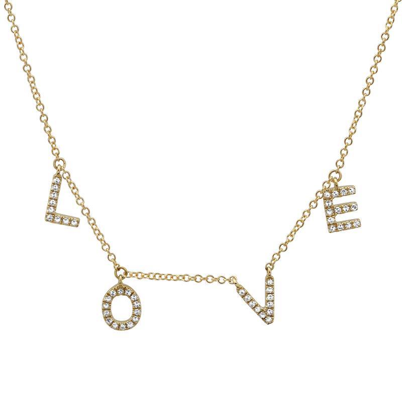 Gold necklace with "LOVE" letters adorned with diamonds from our luxury jewelry collection. Perfect gift to express affection.
