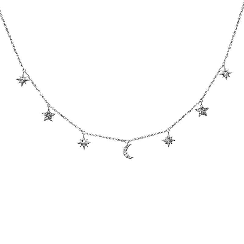 14K Gold Diamond Pave Dangling Moon + Stars Necklace White Gold Izakov Diamonds + Fine Jewelry
