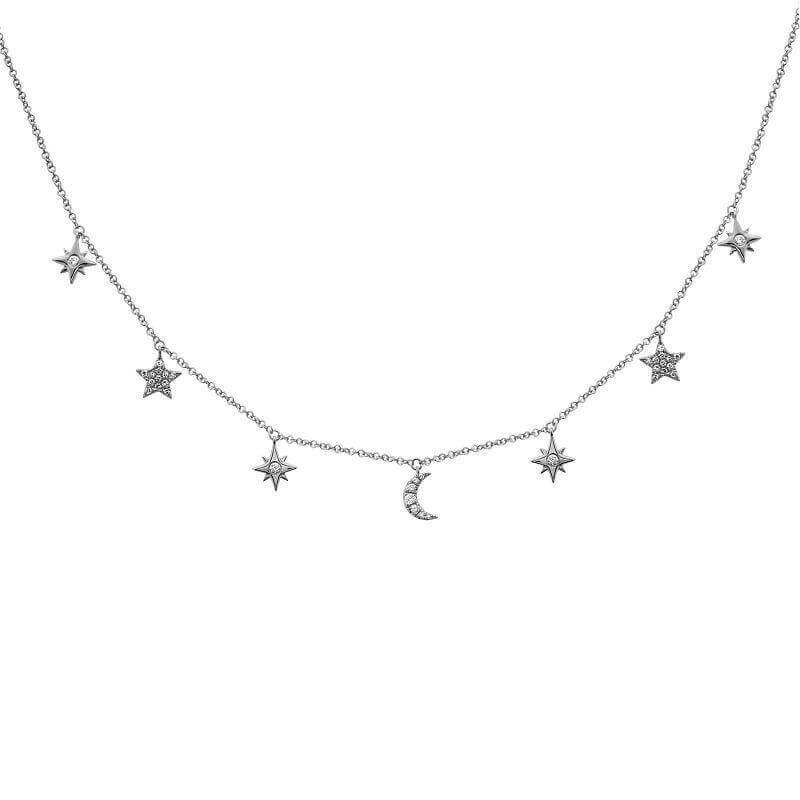 Delicate silver necklace with star and moon charms from our elegant jewelry collection.