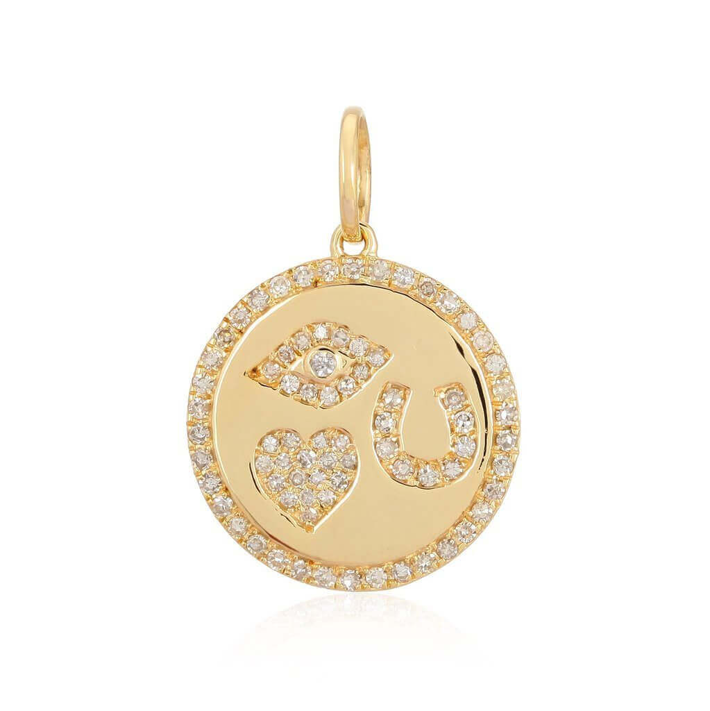 Gold charm pendant with diamond-studded eye, heart, and horseshoe symbols from our luxury jewelry collection