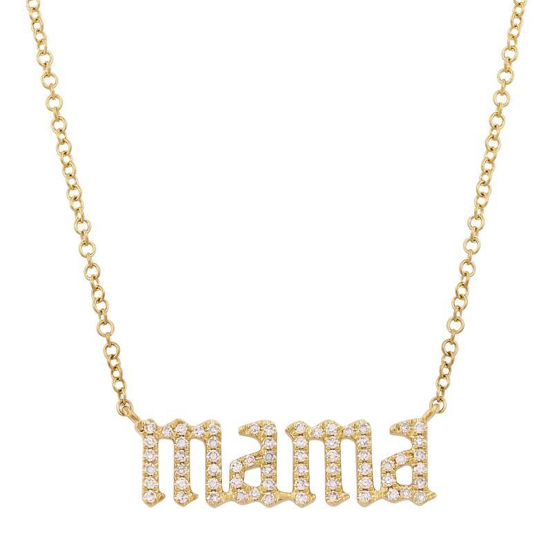Gold necklace with diamond-encrusted "mama" pendant from our luxury jewelry collection.