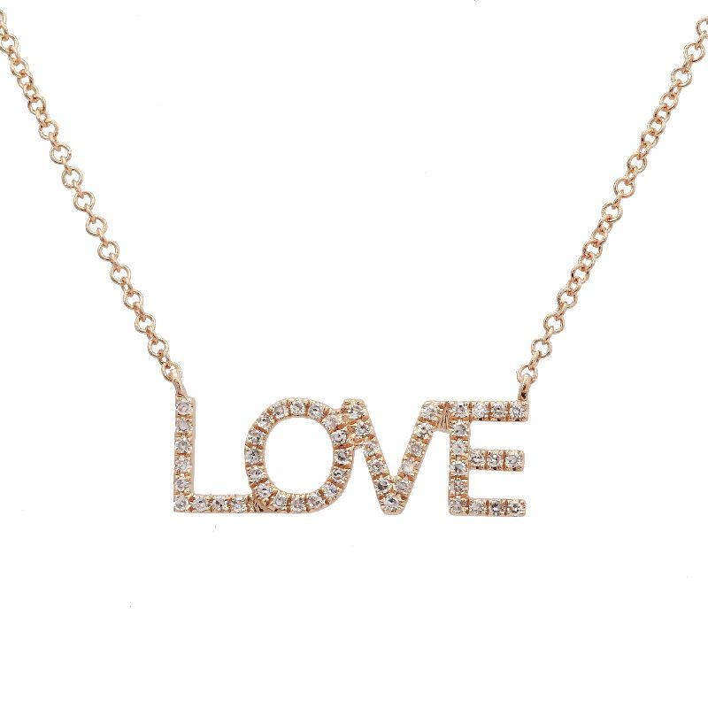 Rose gold necklace with "LOVE" pendant adorned with diamonds from our exclusive jewelry collection.