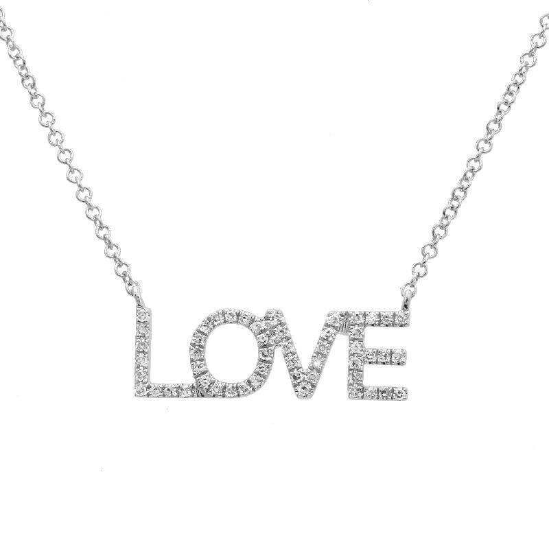 Diamond-studded "LOVE" silver necklace, elegant jewelry piece showcasing beauty and affection.