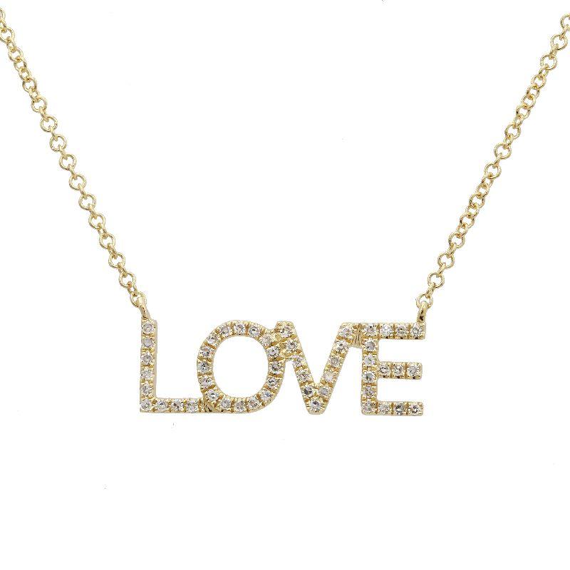 Gold necklace with diamond-studded "LOVE" pendant from our exclusive jewelry collection.