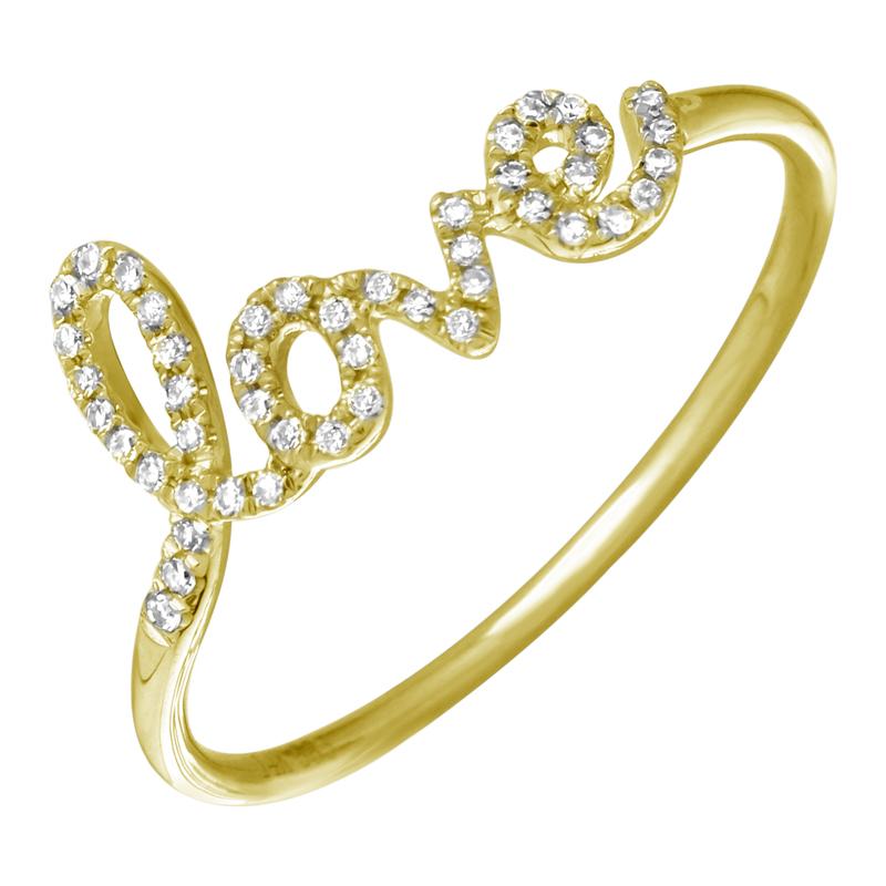 Gold ring with "Love" script adorned in sparkling diamonds from our exclusive jewelry collection