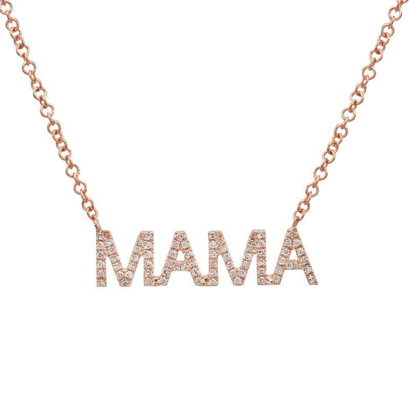 Rose gold necklace with "MAMA" pendant adorned with sparkling diamonds, perfect for jewelry brand fans.
