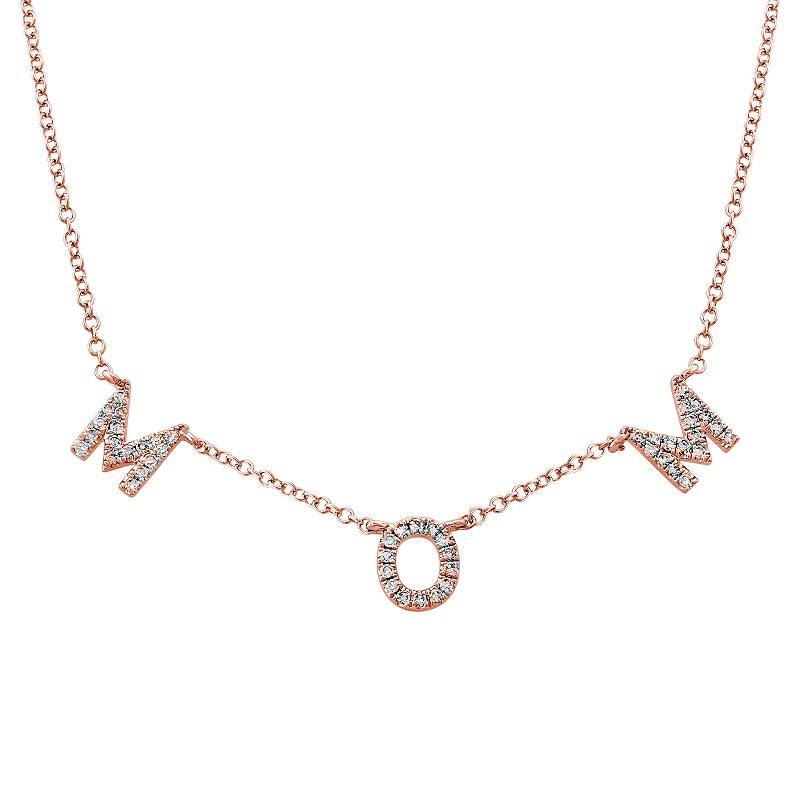 Elegant rose gold “Mom” necklace with sparkling diamond-studded letters from our exclusive jewelry brand collection.