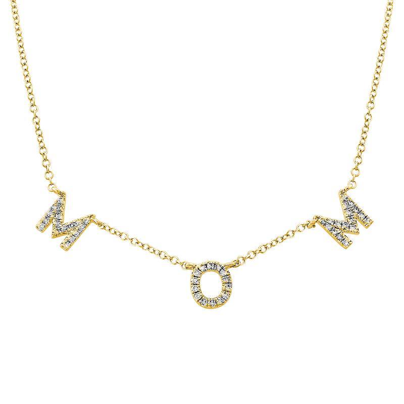 Gold "MOM" necklace with sparkling diamond accents, perfect for Mother's Day, showcased by our luxury jewelry brand.