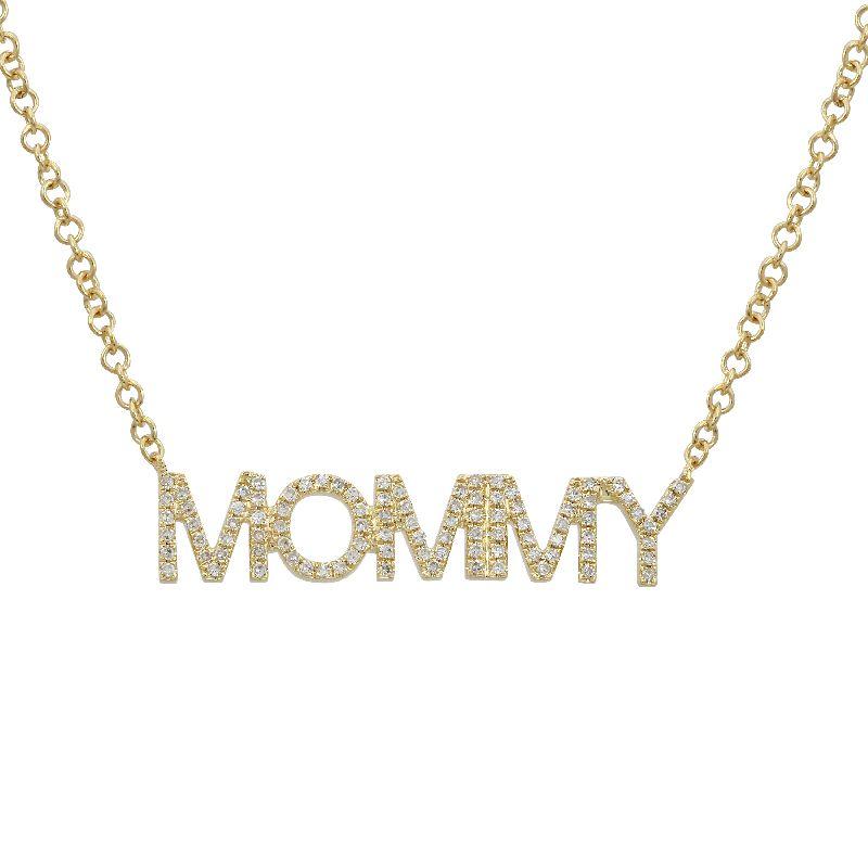Gold necklace with "MOMMY" pendant featuring sparkling diamonds, a perfect piece of jewelry for fashionable moms.