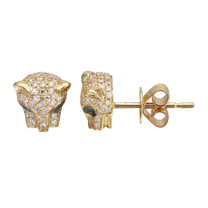 14K Gold Diamond Pave Panther Head Button Earrings Yellow Gold Izakov Diamonds + Fine Jewelry