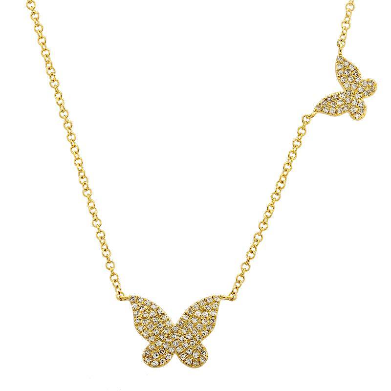 Gold butterfly necklace with sparkling diamonds on delicate chain, embodying elegance and sophistication from our jewelry brand.