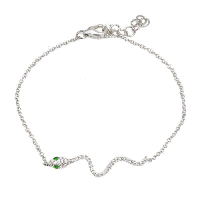 Sterling silver snake chain bracelet with emerald eyes and lobster clasp from our exclusive jewelry collection.