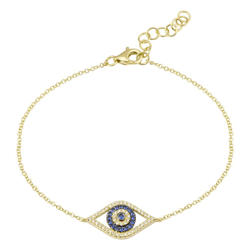 Elegant gold bracelet with an eye-shaped pendant adorned with blue and white gemstones from our luxury jewelry collection.