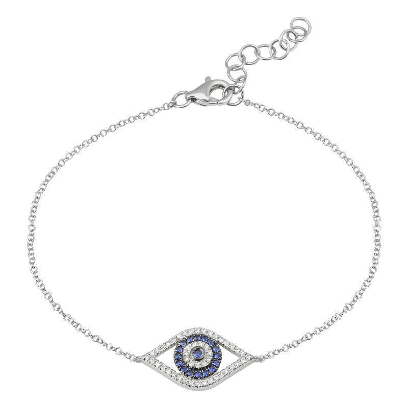 Sterling silver bracelet with an eye-shaped charm featuring blue and white gemstones from our exclusive jewelry collection.