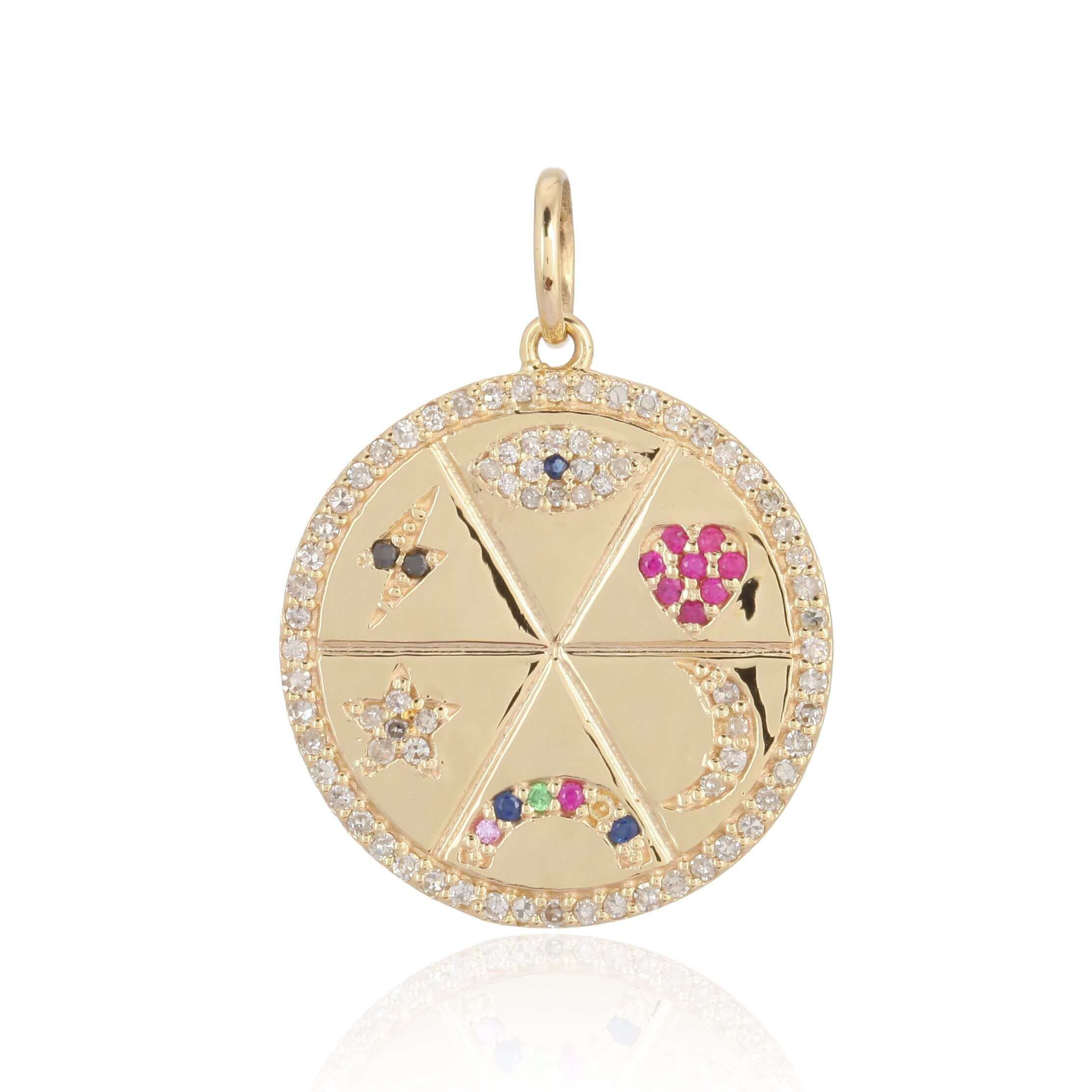 Gold circular pendant with colorful gemstones and intricate designs from our exclusive jewelry brand collection.