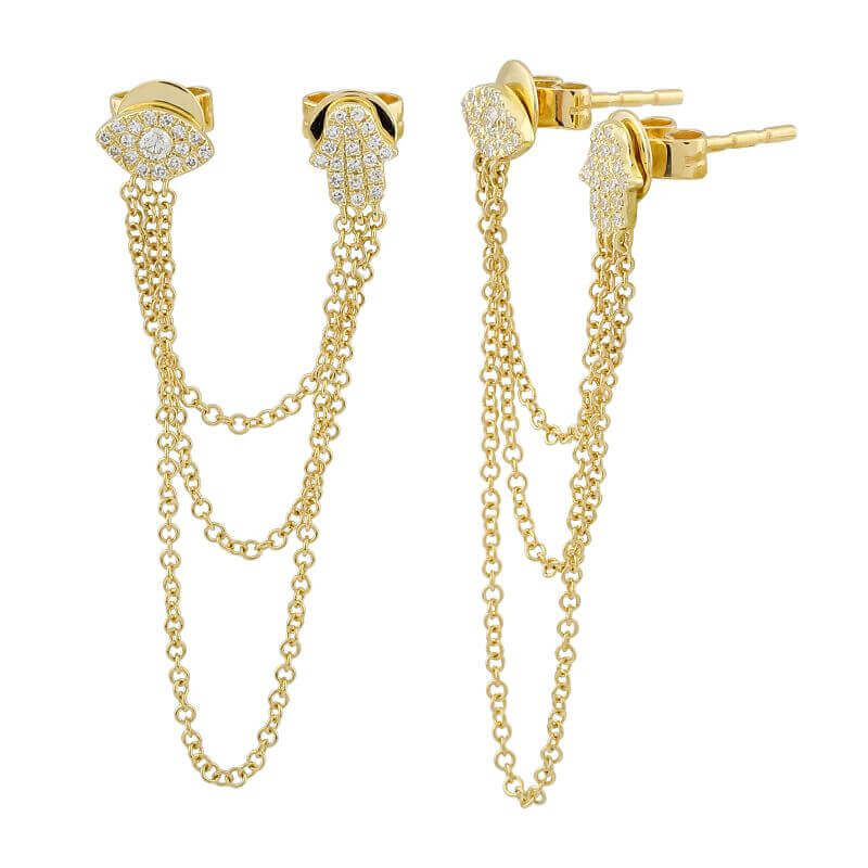 Dazzling gold and diamond chain hamsa earrings from our luxurious jewelry collection