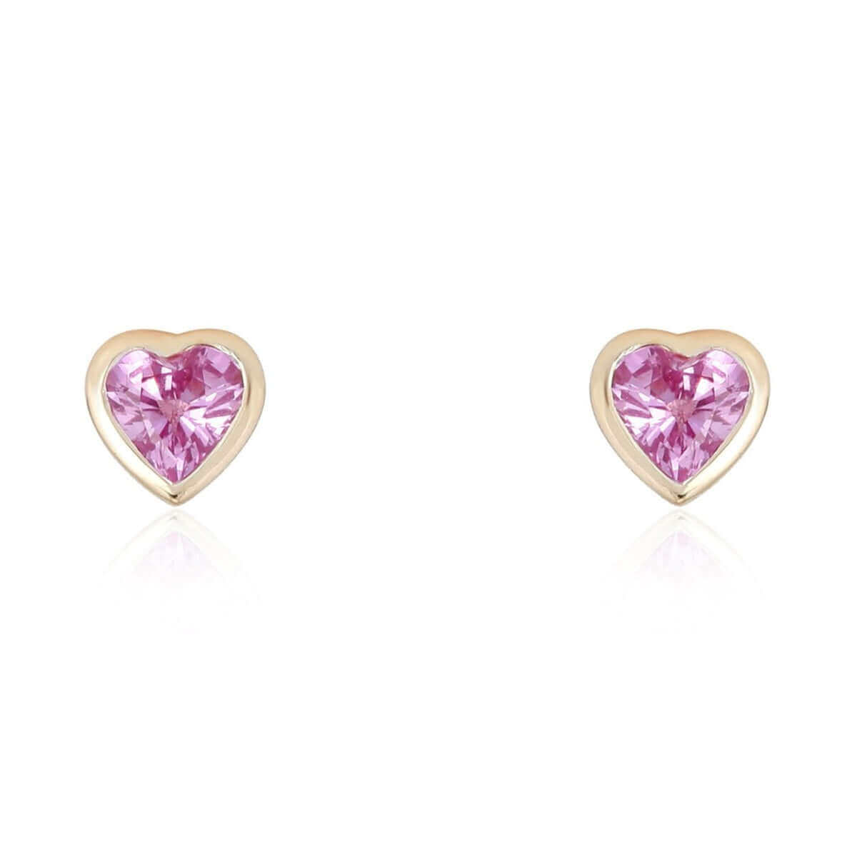 14K Gold Heart Shaped Pink Sapphire Bezel Earrings Yellow Gold Izakov Diamonds + Fine Jewelry