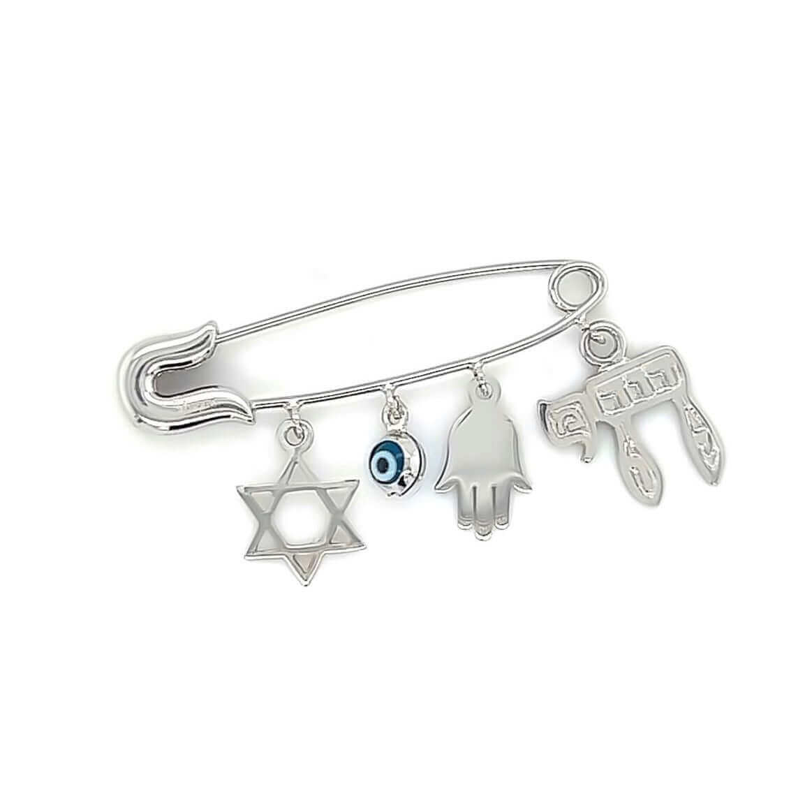 Silver jewelry pin with Star of David, Hamsa hand, and Hebrew letters symbol charms.