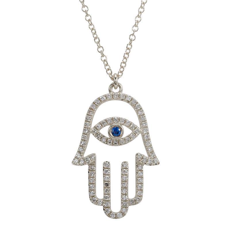 Diamond-encrusted Hamsa necklace with blue sapphire eye, elegant jewelry piece by our luxury brand