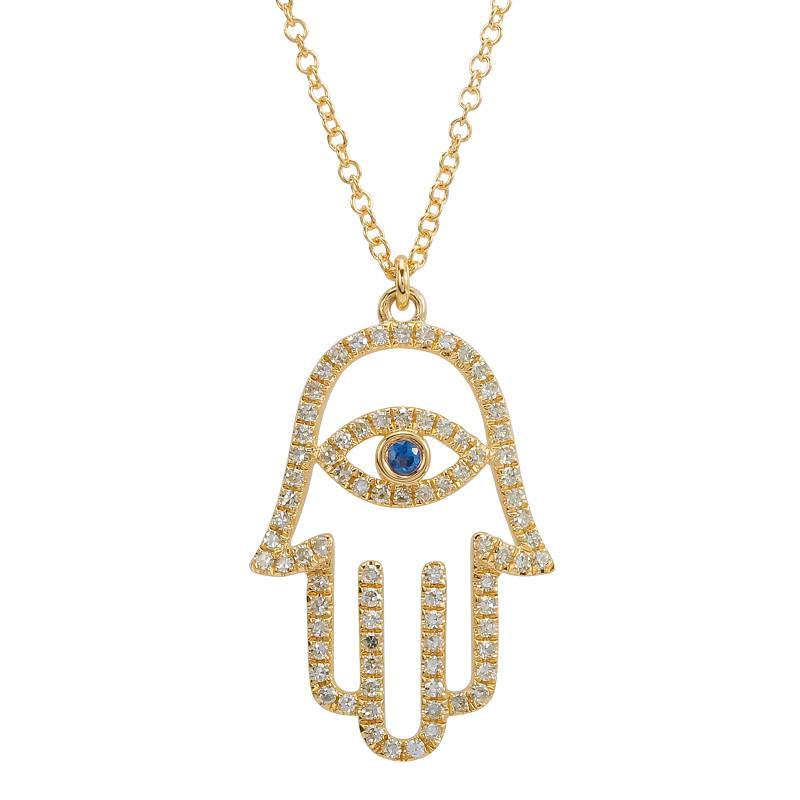 Elegant gold Hamsa hand pendant with sparkling diamonds and sapphire eye on a delicate chain from our luxury jewelry collection