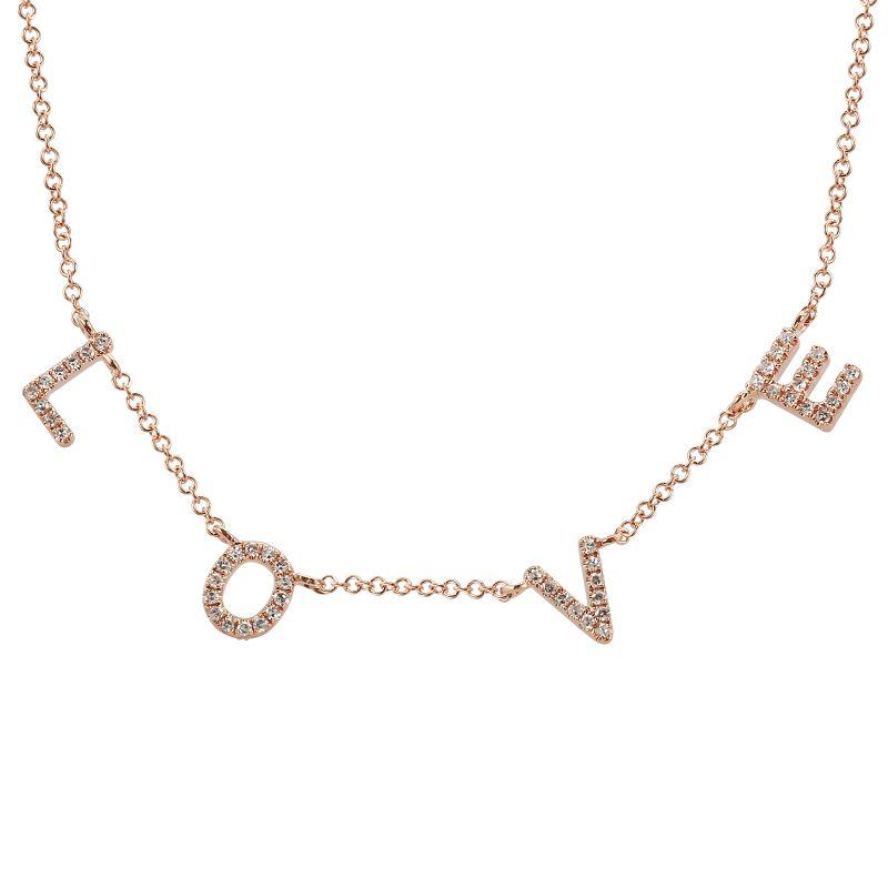 Rose gold "LOVE" necklace with diamond accents from our jewelry brand collection, perfect for expressing affection and style.