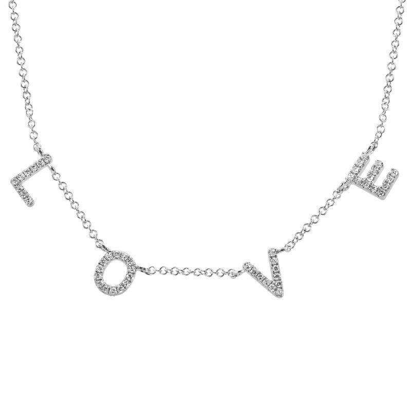 Diamond-studded "LOVE" necklace by our jewelry brand, reflecting elegance and sentiment in fine craftsmanship.